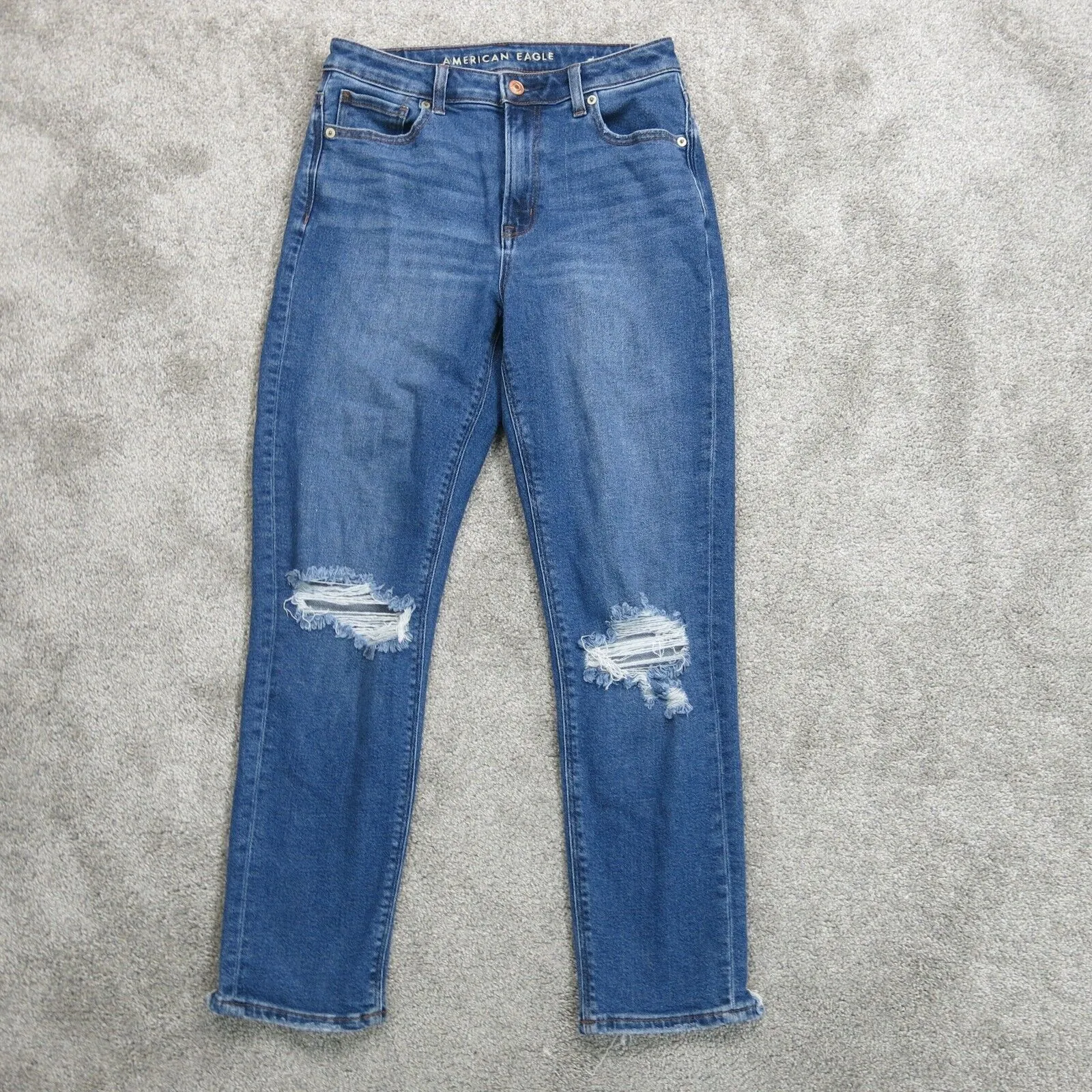 American Eagle Womens Jeans Tapered Leg Mid Rise Distressed Cotton Blue Size 4