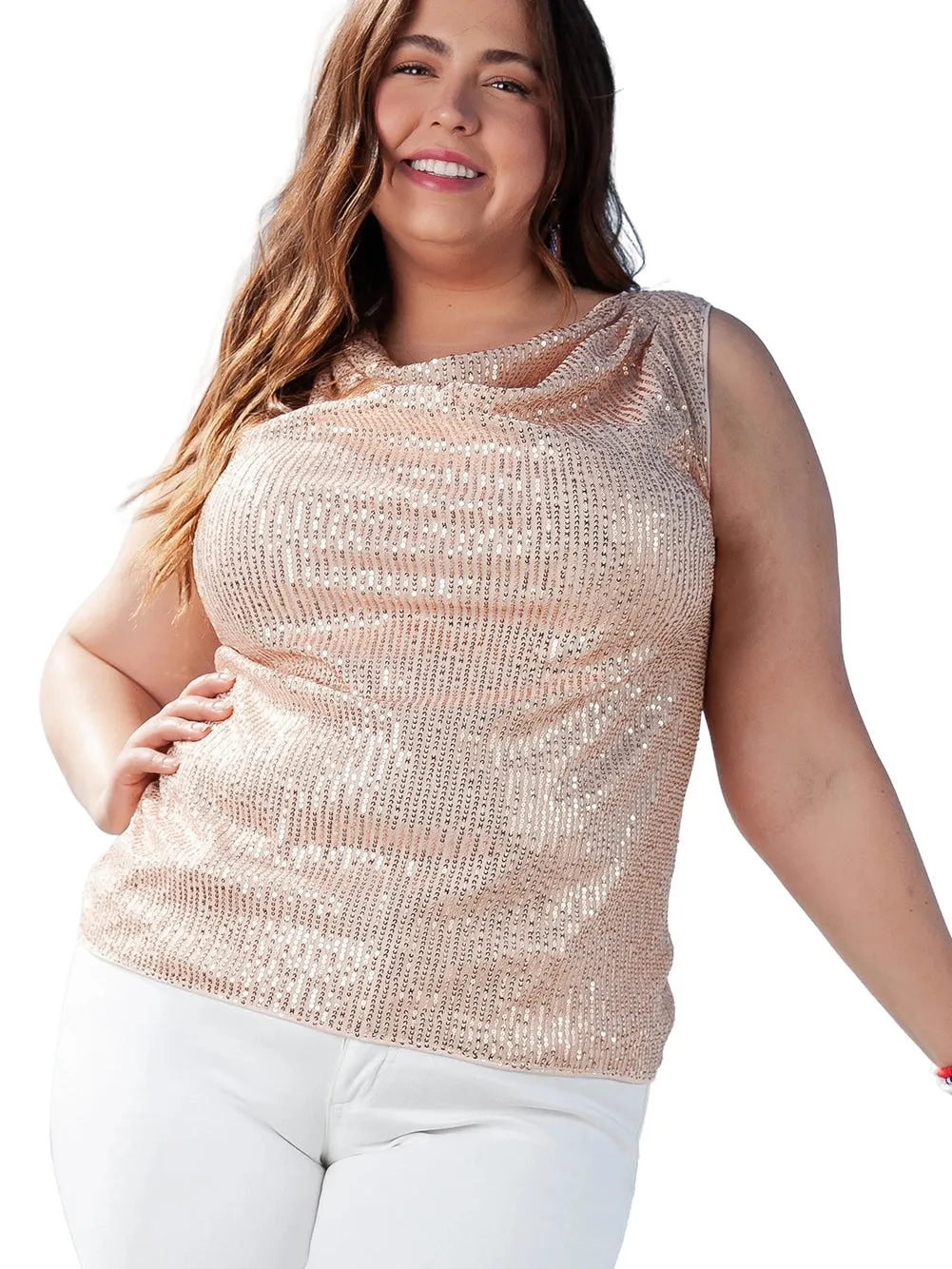 Apricot Plus Size Drape Front Sequined Tank Top