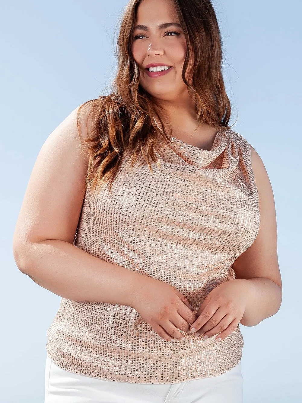 Apricot Plus Size Drape Front Sequined Tank Top