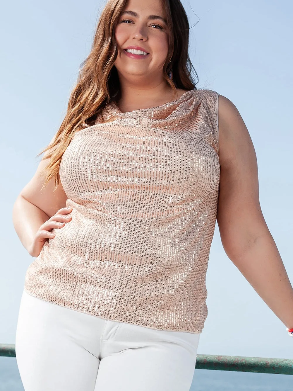 Apricot Plus Size Drape Front Sequined Tank Top