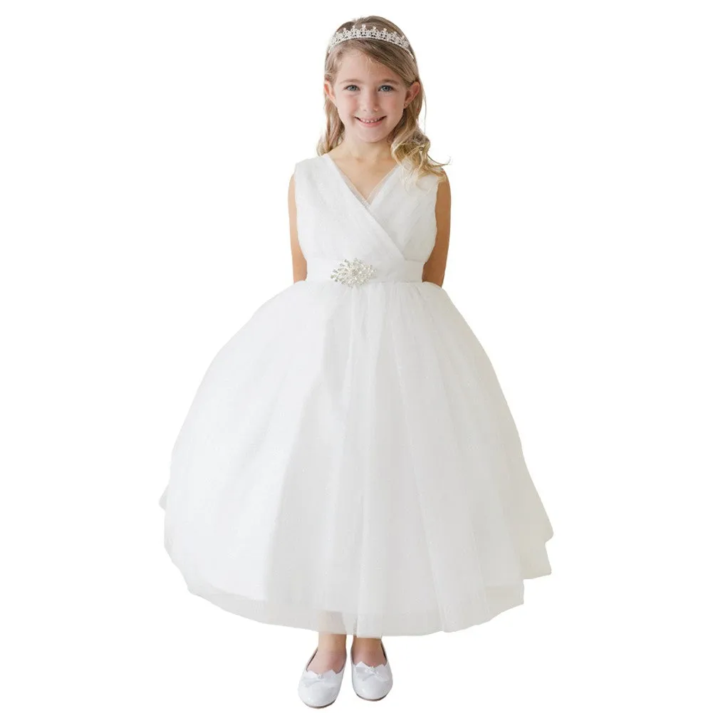 Big Girls Ivory Glitter Tulle Rhinestone Brooch Junior Bridesmaid Dress 8-12