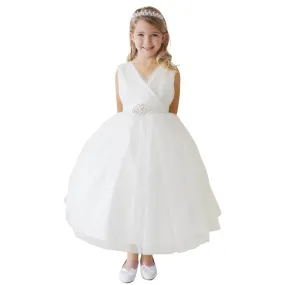 Big Girls Ivory Glitter Tulle Rhinestone Brooch Junior Bridesmaid Dress 8-12