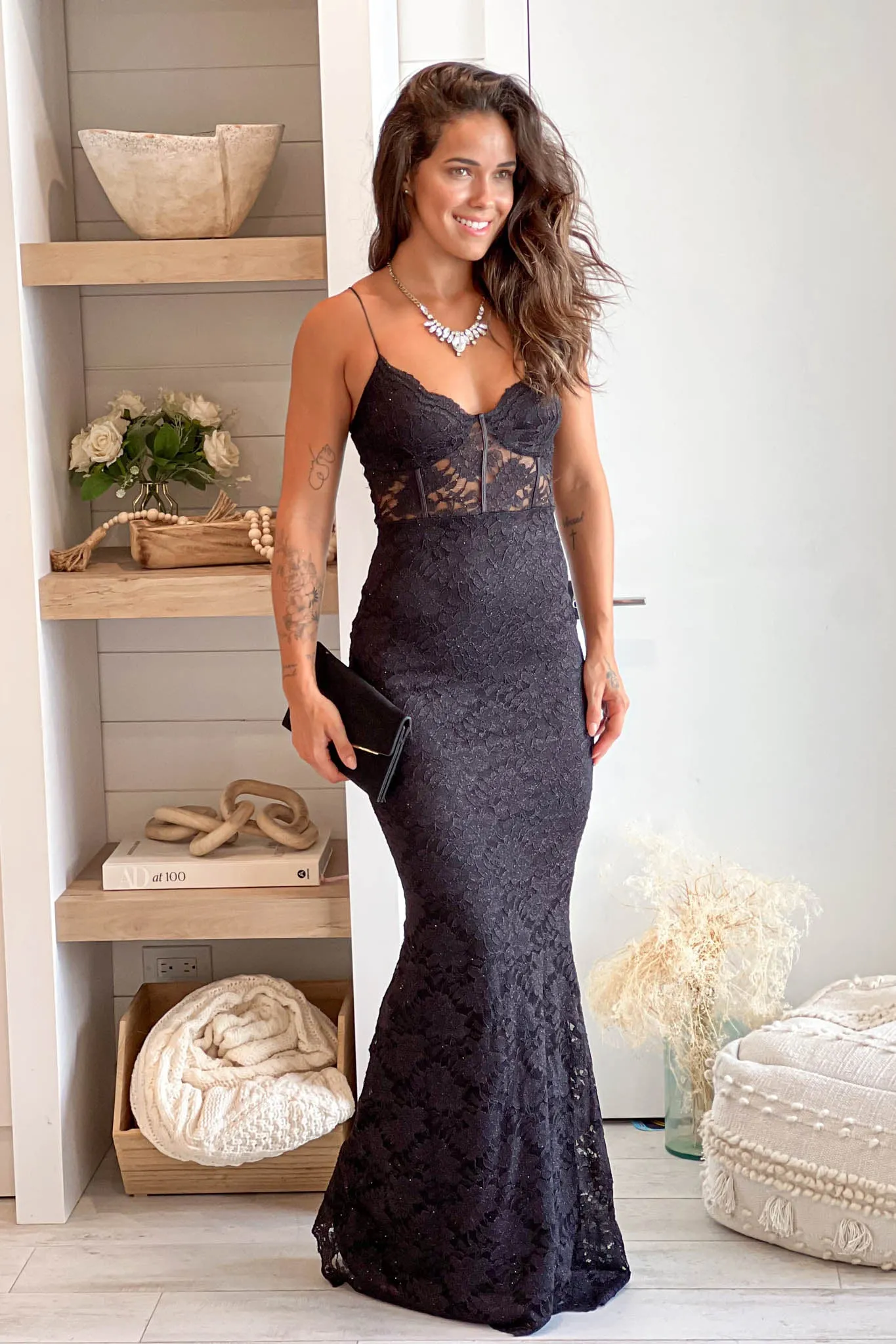 Black Glitter Lace Maxi Dress