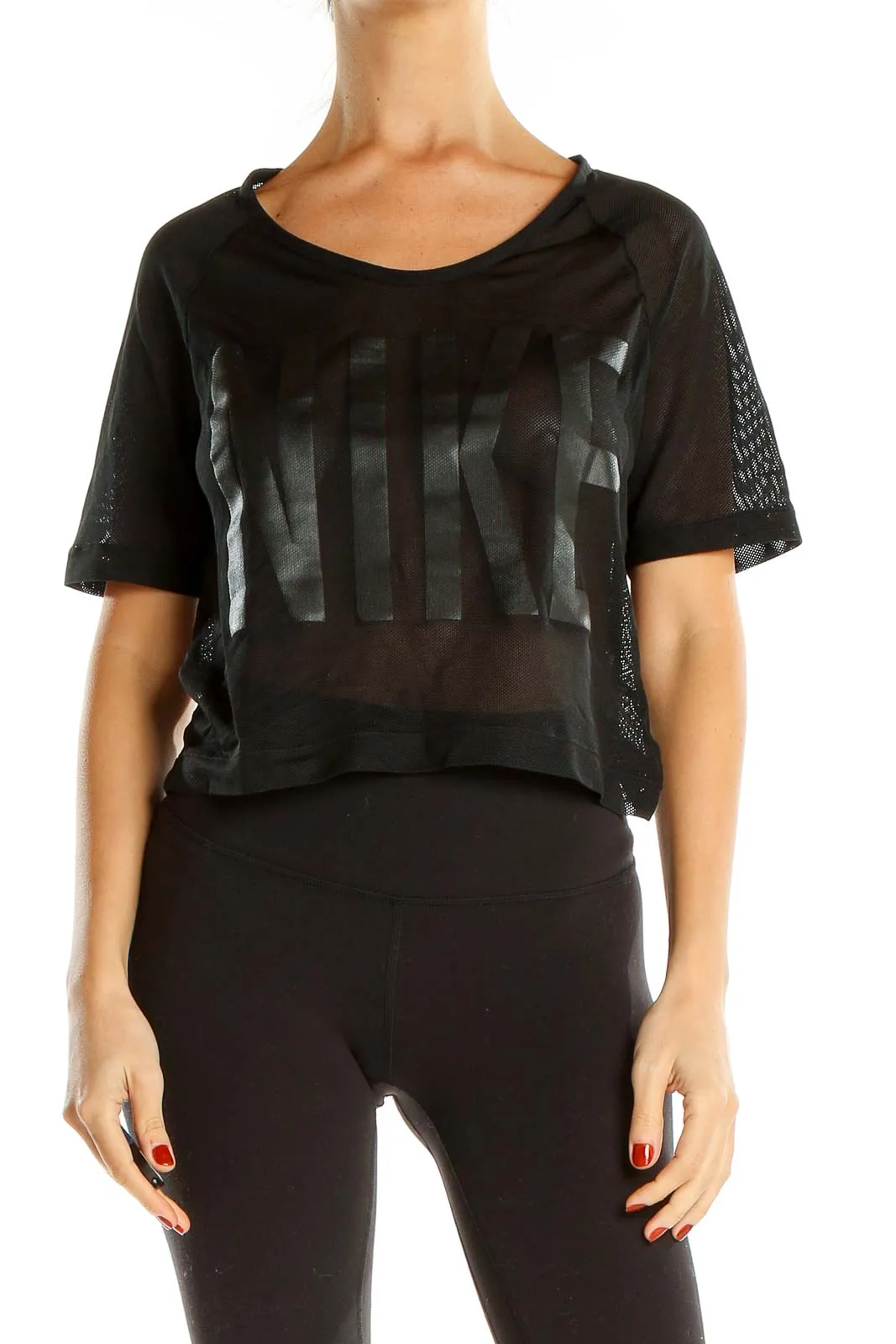 Black Sheer Graphic Print Activewear Top