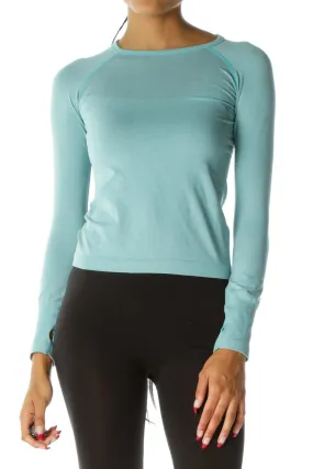 Blue Gray Reflective Logo Round Neck Long Sleeve Active Top