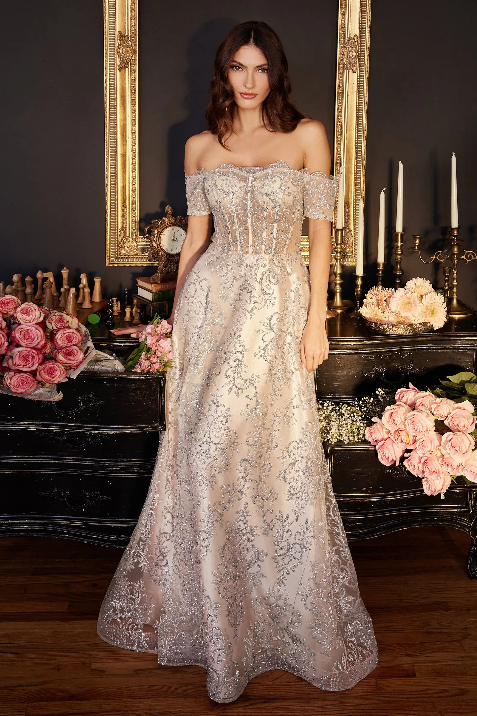 CINDERELLA DIVINE J835 A-Line Glitter Off-Shoulder Gown