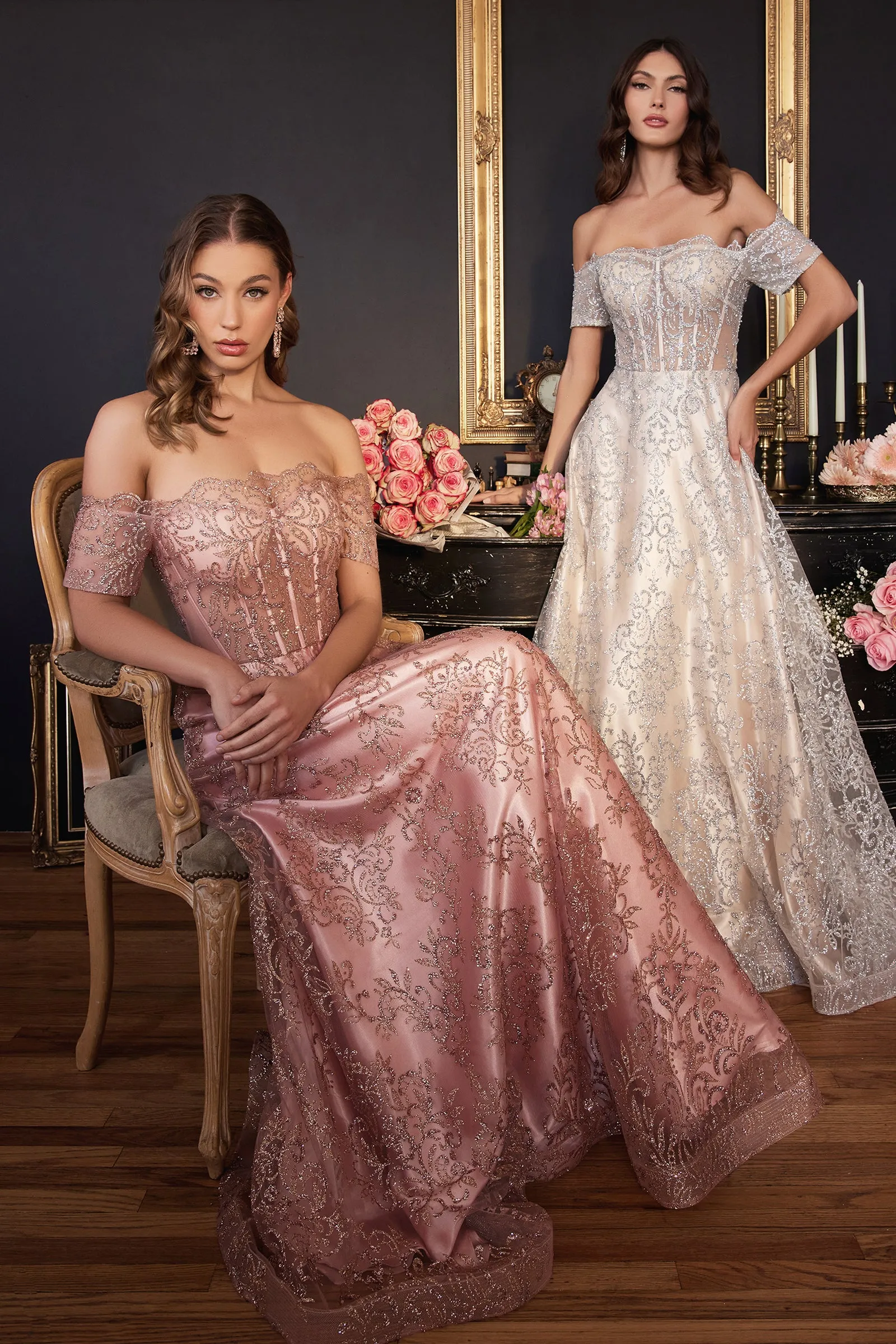 CINDERELLA DIVINE J835 A-Line Glitter Off-Shoulder Gown