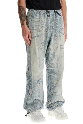 distressed denim jacquard pants