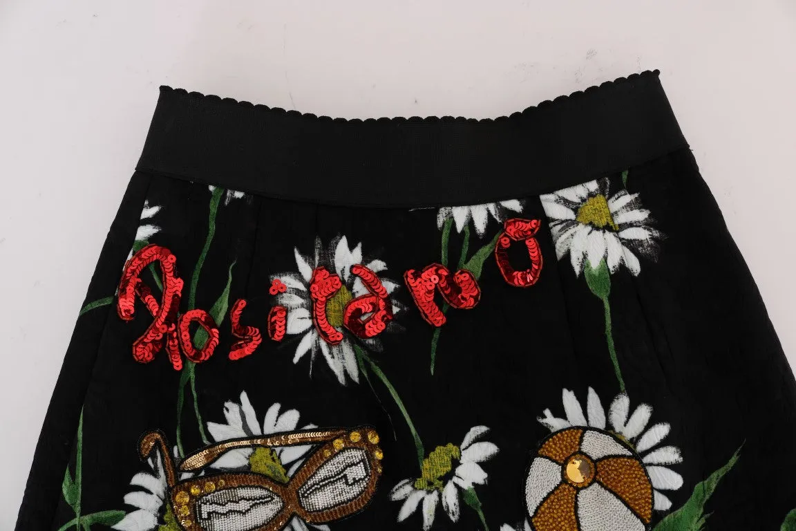 Dolce & Gabbana Black Embellished Daisy Brocade Skirt