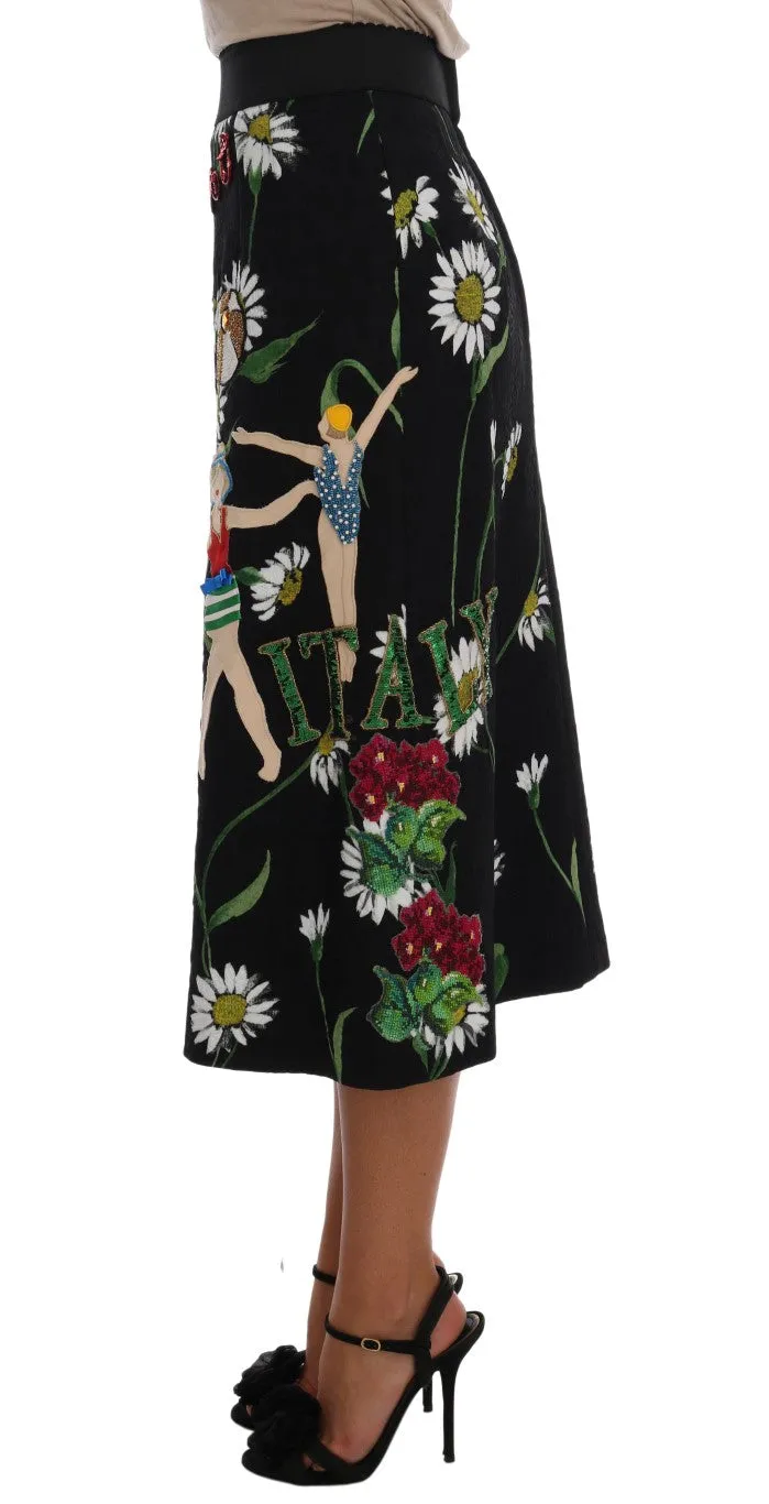 Dolce & Gabbana Black Embellished Daisy Brocade Skirt