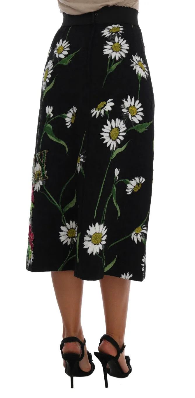 Dolce & Gabbana Black Embellished Daisy Brocade Skirt