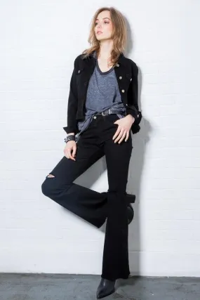 Drift Away Black Knee Slit Denim Flare Jeans Black