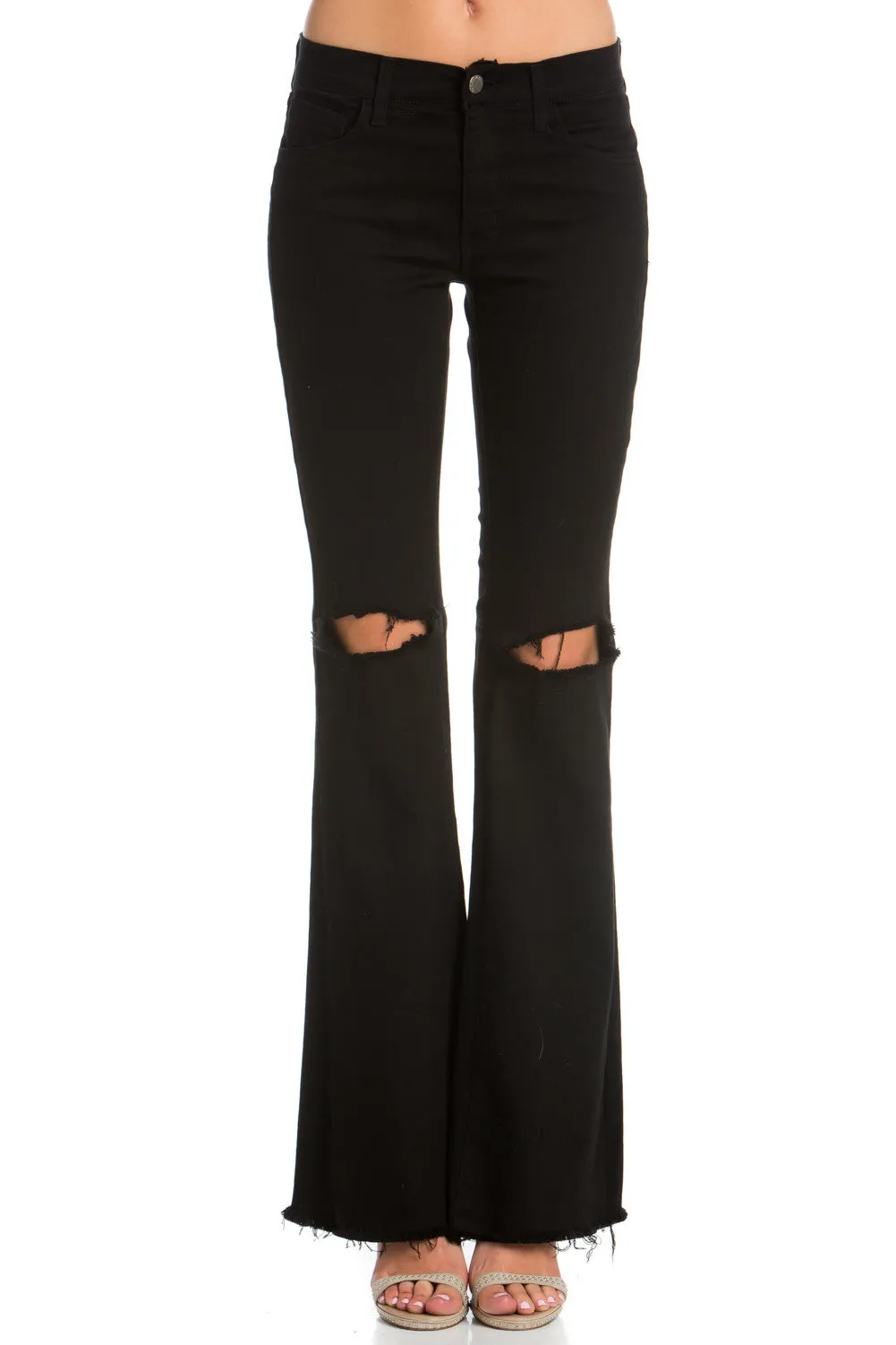 Drift Away Black Knee Slit Denim Flare Jeans Black