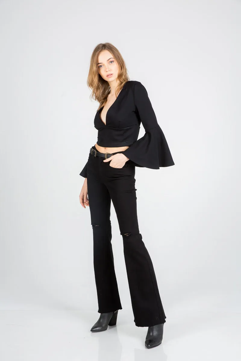 Drift Away Black Knee Slit Denim Flare Jeans Black