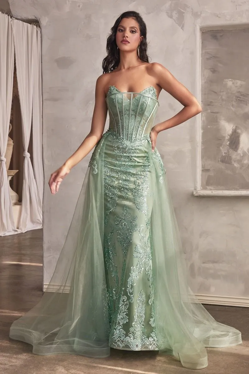 Extra Dazzle | Strapless Glitter Gown With Removable Tulle Overskirt | LaDivine J858