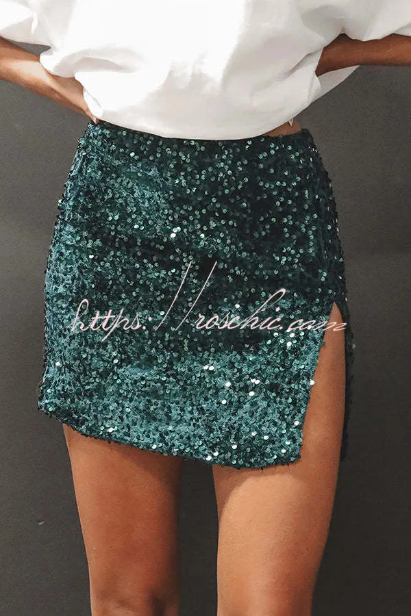 Eye Catching Sequined Back Zip High Slit Skirt