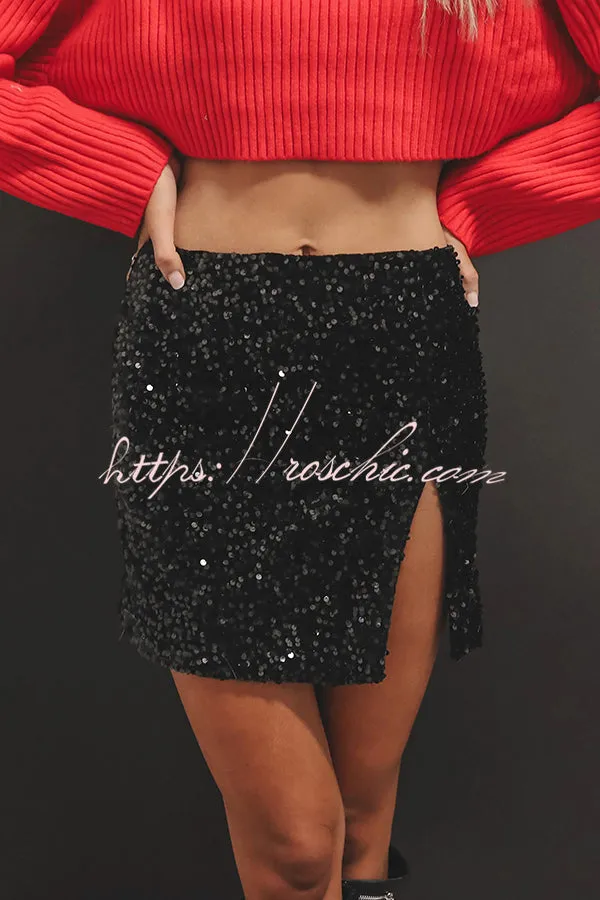 Eye Catching Sequined Back Zip High Slit Skirt