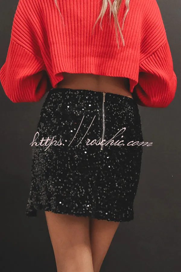 Eye Catching Sequined Back Zip High Slit Skirt