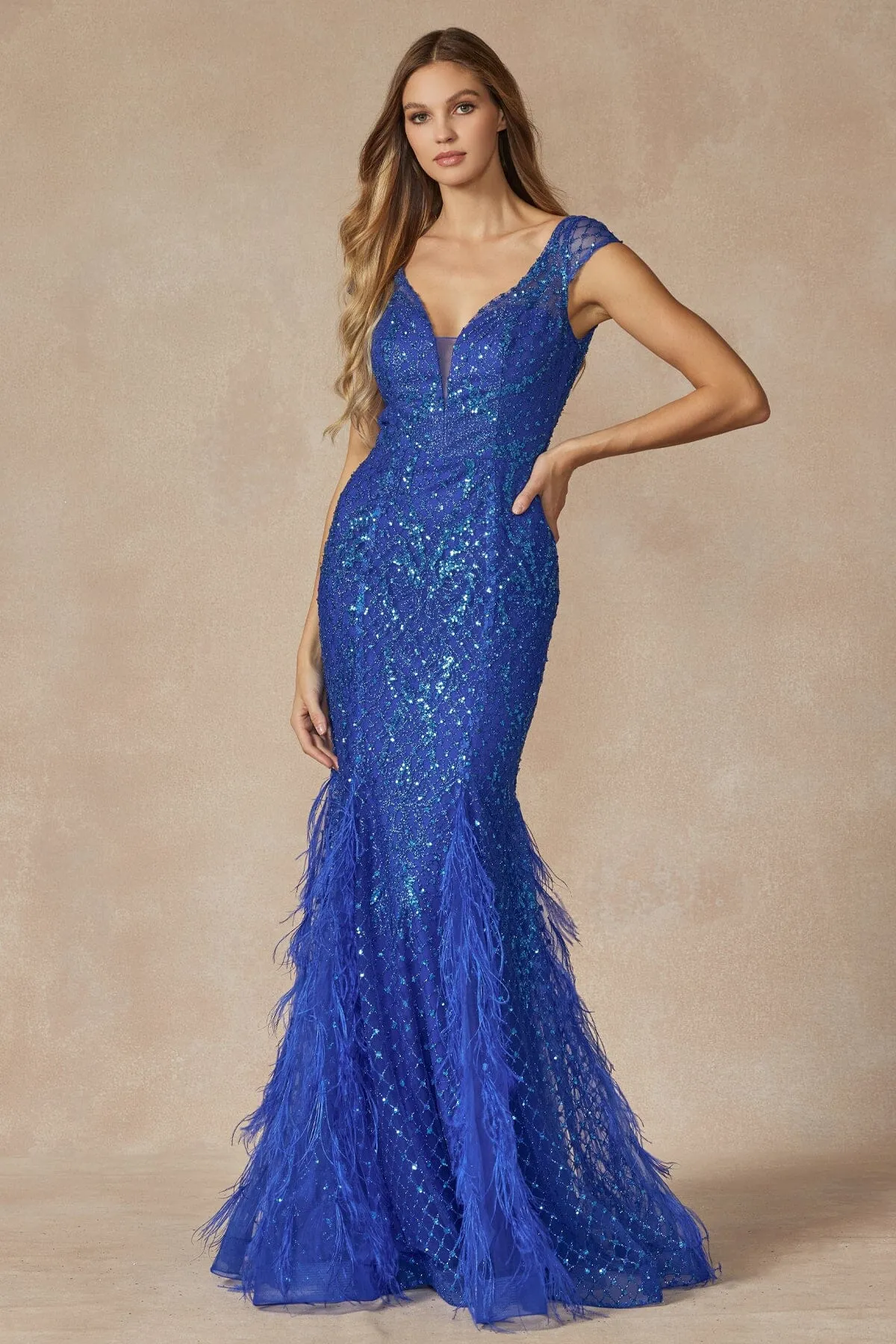 Fitted Glitter Short Sleeve Feather Gown by Juliet 286 - Outlet