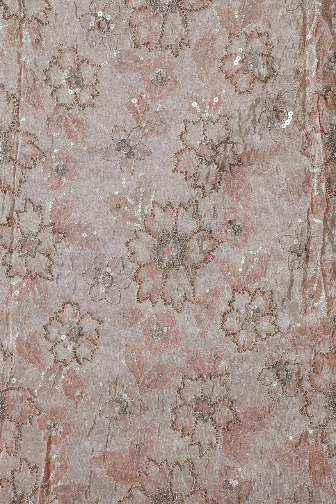 Floral Position Print On Sequins With Beads Embroidery Light Beige Viscose Zari Tissue Fabric