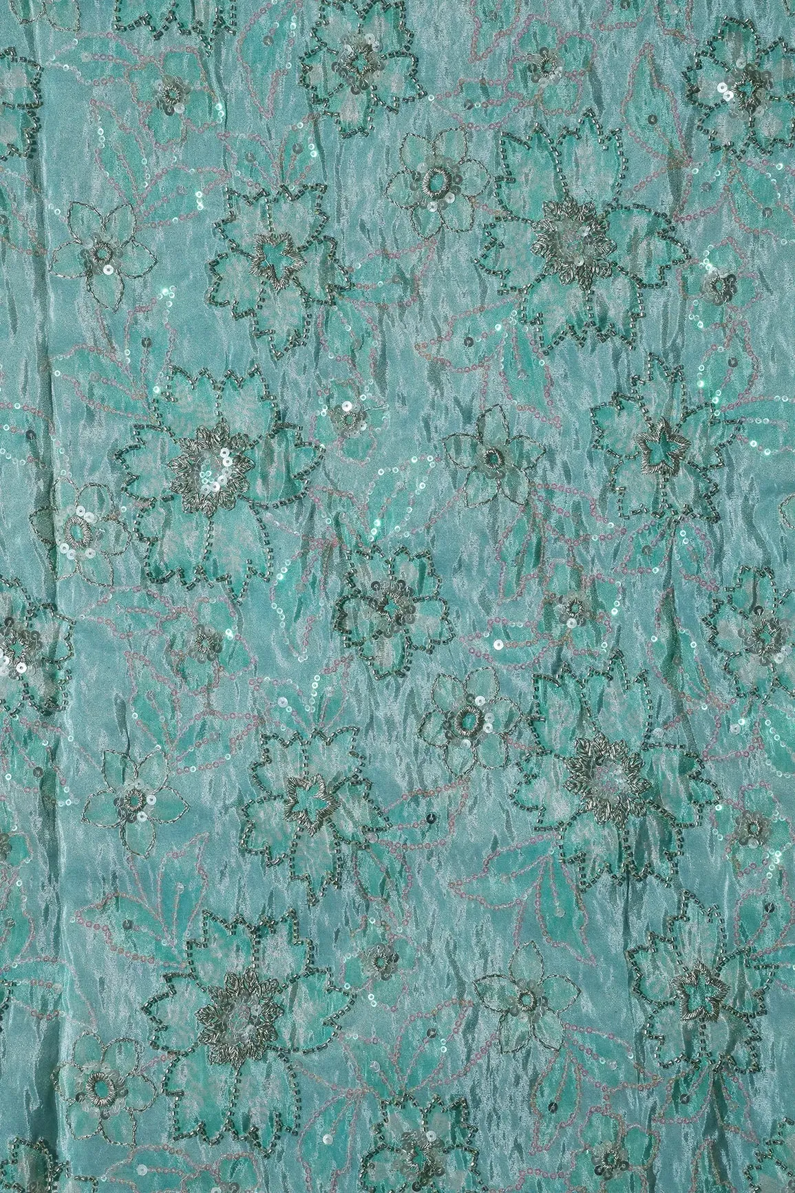 Floral Position Print On Sequins With Beads Embroidery Teal Viscose Zari Tissue Fabric Fabric