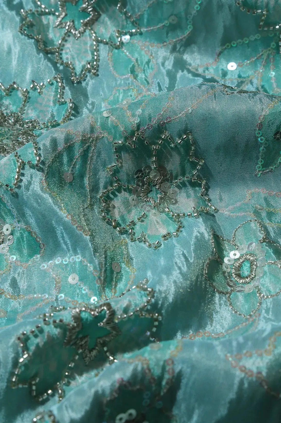 Floral Position Print On Sequins With Beads Embroidery Teal Viscose Zari Tissue Fabric Fabric