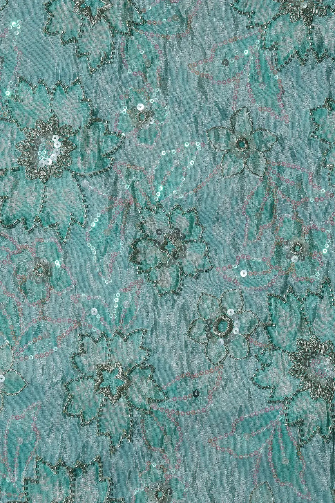 Floral Position Print On Sequins With Beads Embroidery Teal Viscose Zari Tissue Fabric Fabric