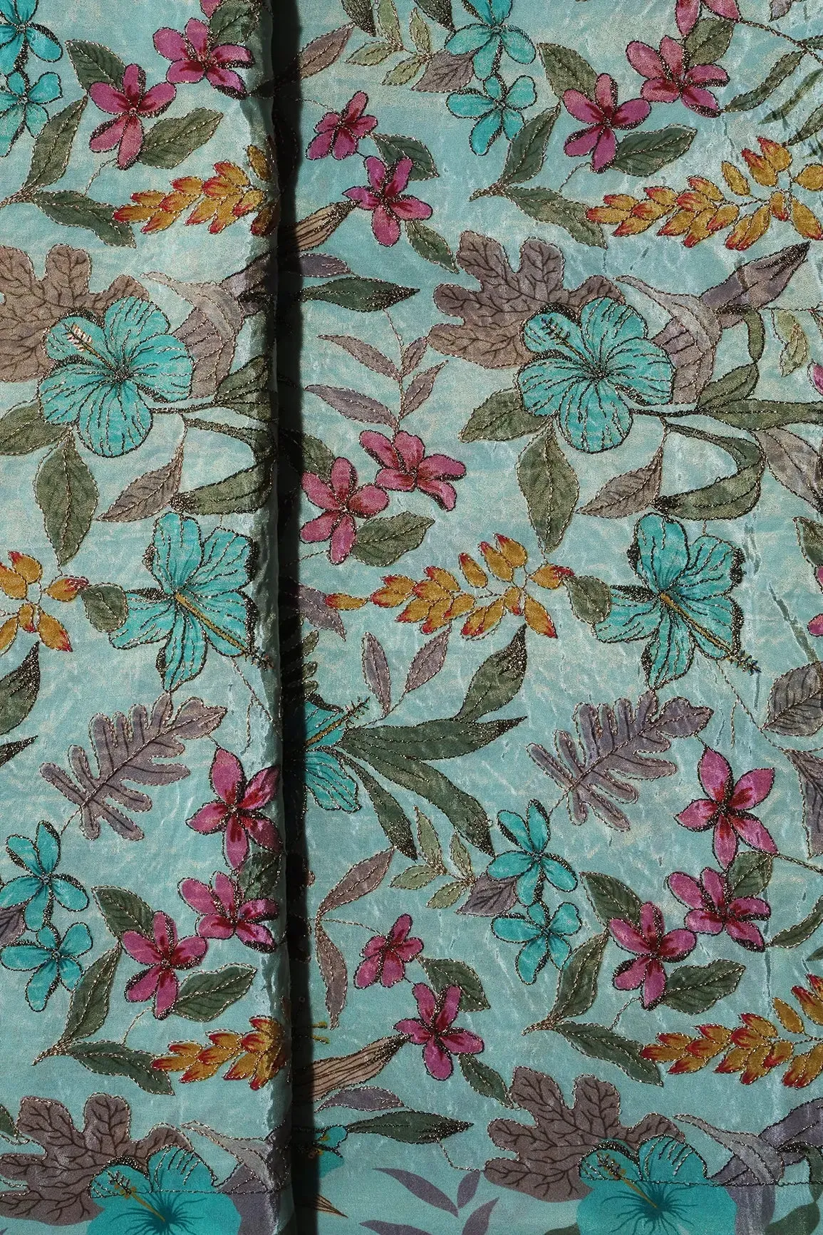 Floral Position Print On Zari Embroidery Teal Viscose Zari Tissue Fabric