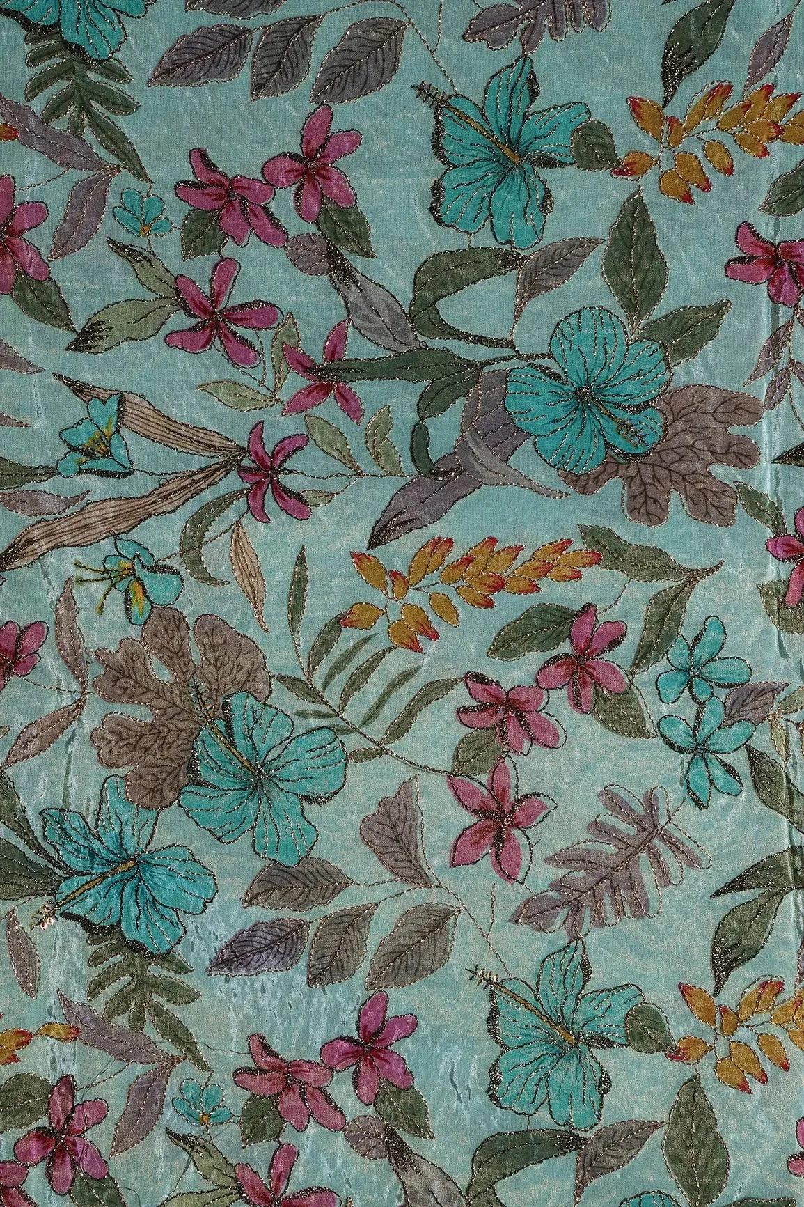 Floral Position Print On Zari Embroidery Teal Viscose Zari Tissue Fabric