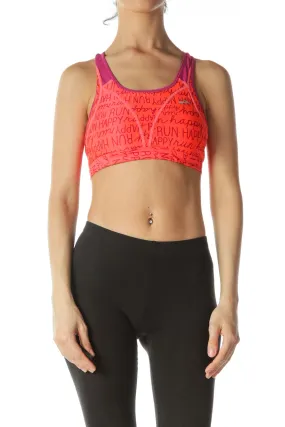 Fluorescent-Orange Pink Printed-Text Mesh-Detail Sports Bra