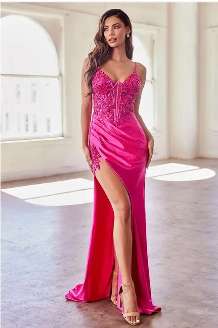 Fuchsia Stretch Satin Glitter & Lace Fitted Gown