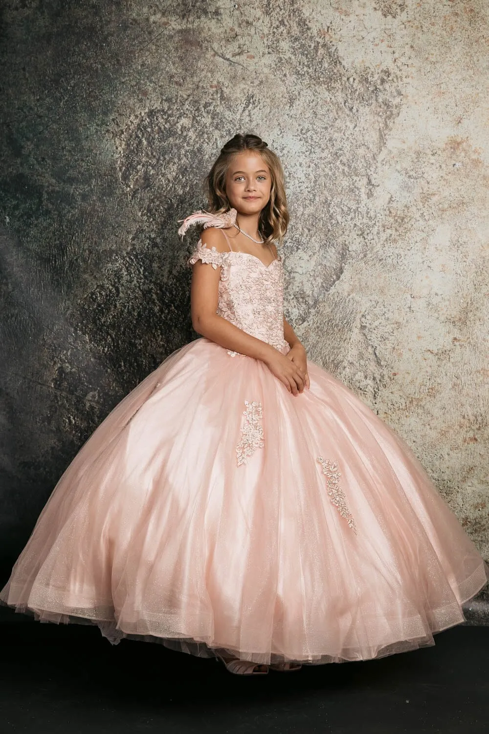 Girls Applique Off Shoulder Gown by Petite Adele C338