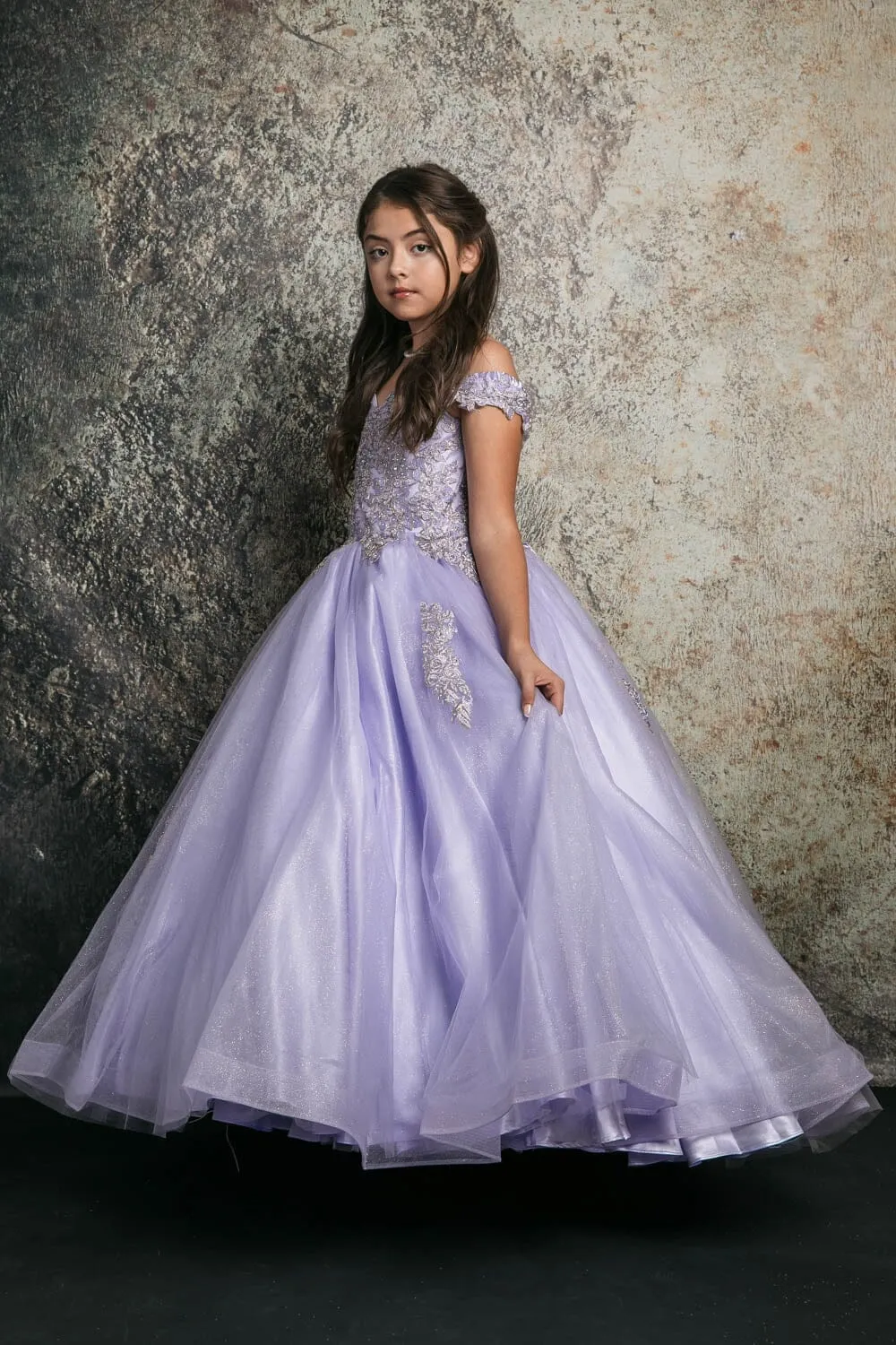 Girls Applique Off Shoulder Gown by Petite Adele C338