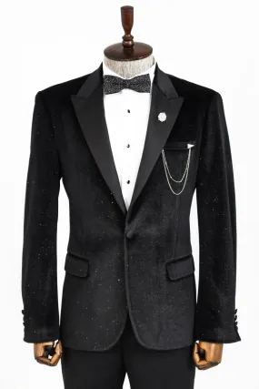 Glitter Black Velvet Prom Blazer with Black Satin Lapel