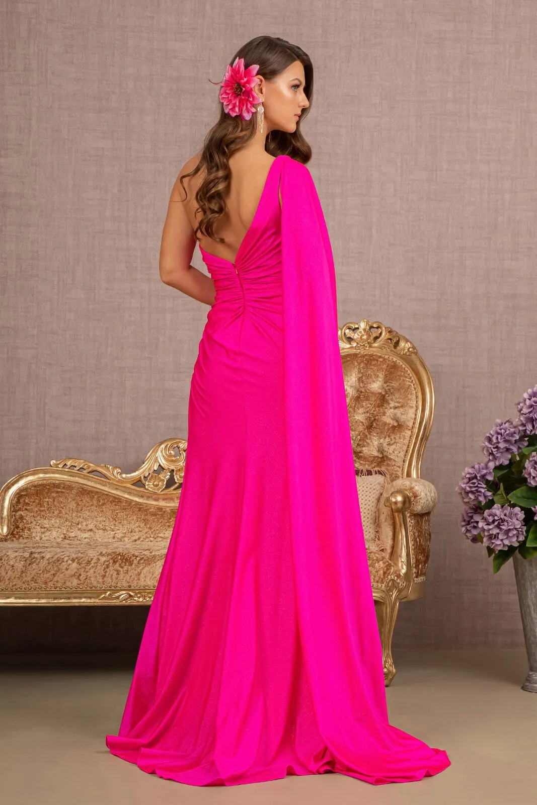 Glitter One Shoulder Slit Gown by Elizabeth K GL3136