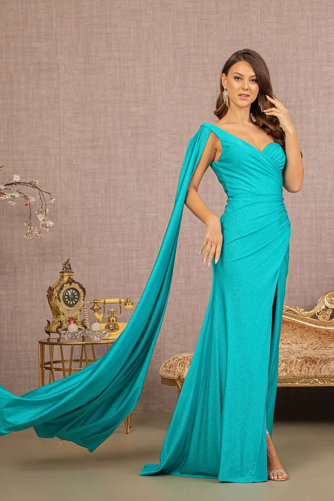 Glitter One Shoulder Slit Gown by Elizabeth K GL3136