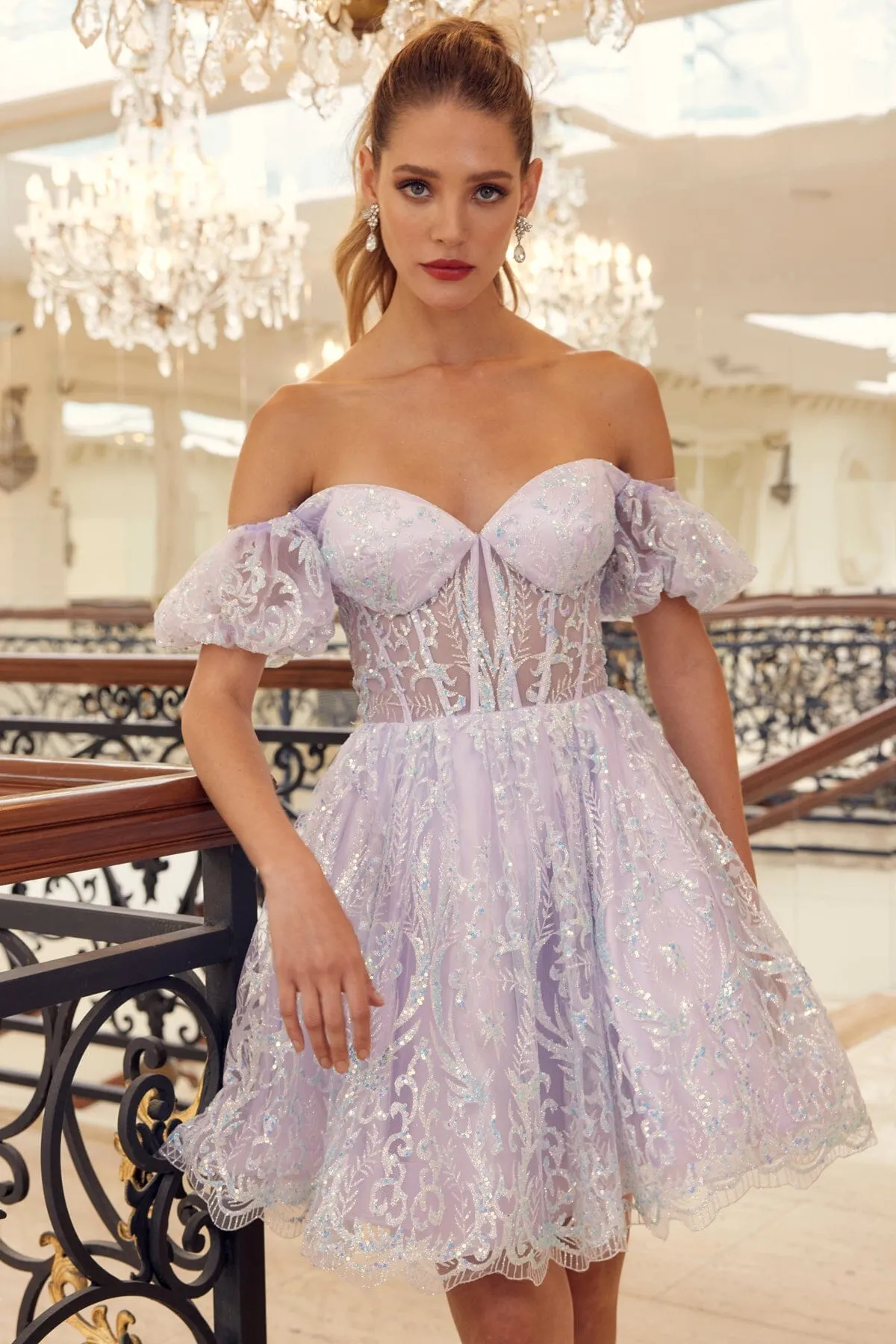 Glitter Print Short Off Shoulder Corset Dress by Juliet 891