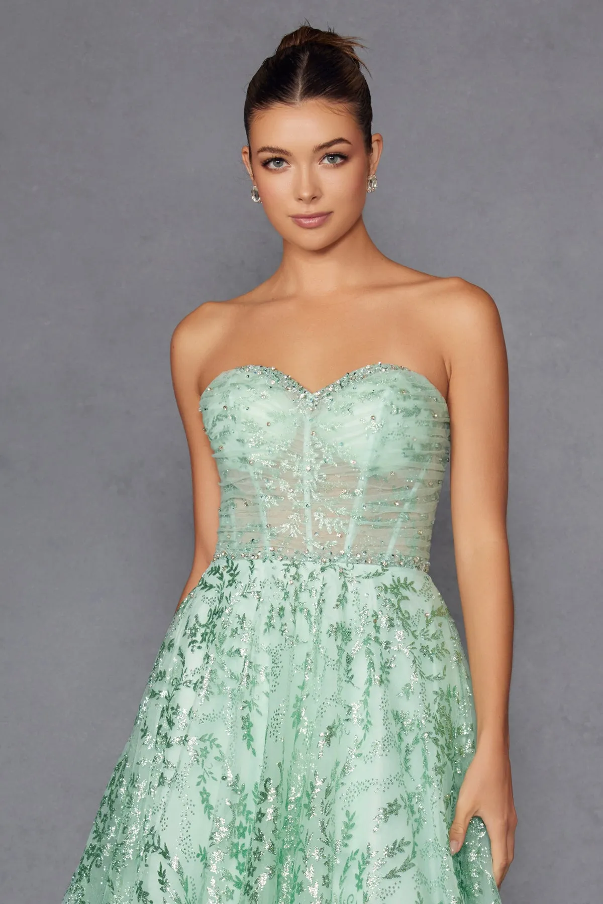 Glitter Print Strapless A-line Gown by Juliet JT2547S