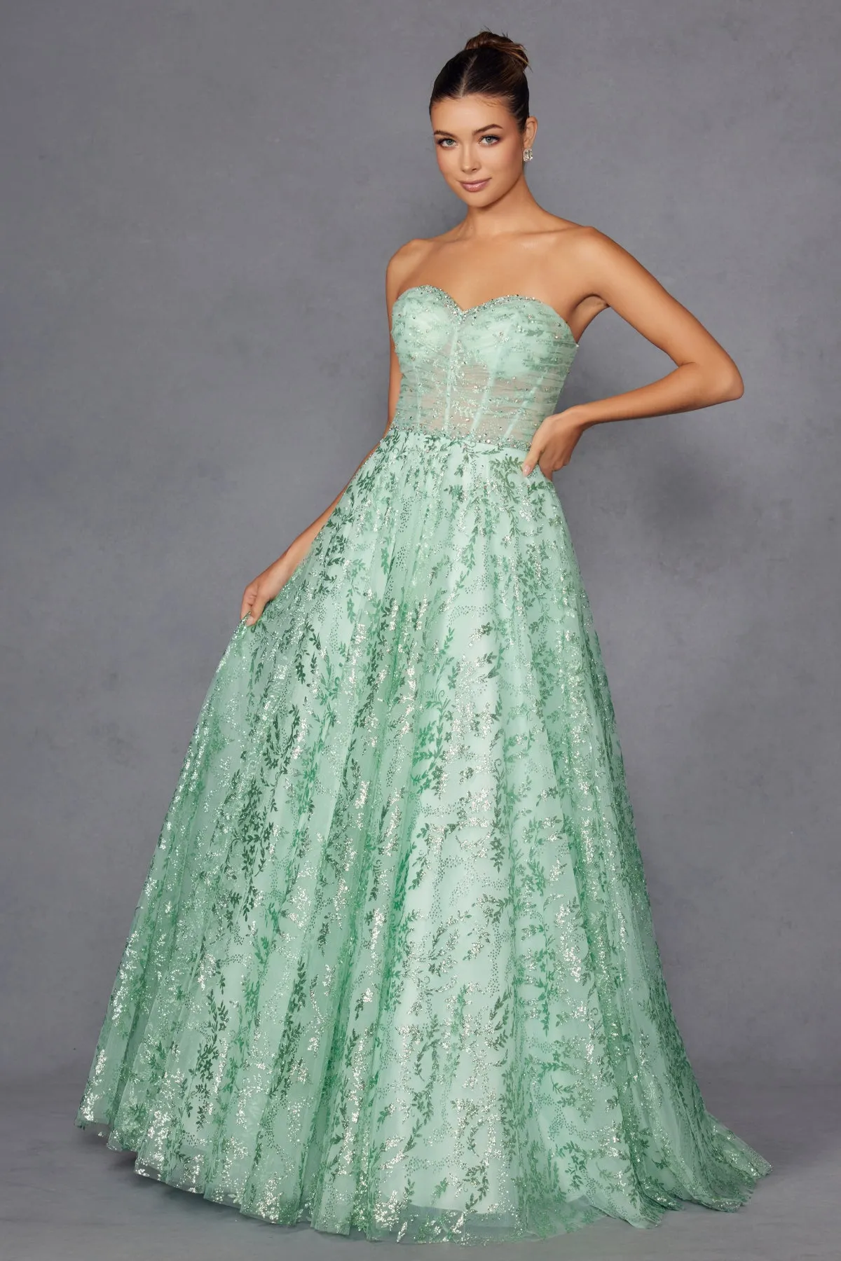 Glitter Print Strapless A-line Gown by Juliet JT2547S