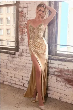 Gold Stretch Satin Glitter & Lace Fitted Gown