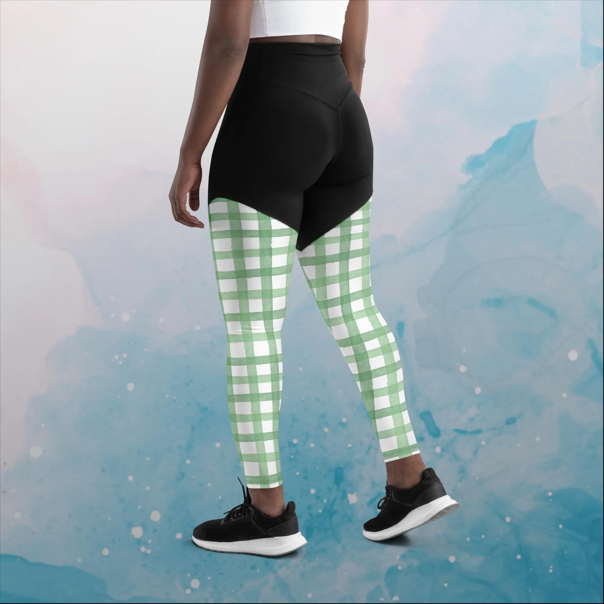 Green Gingham Print Womens Compression Sports Leggings