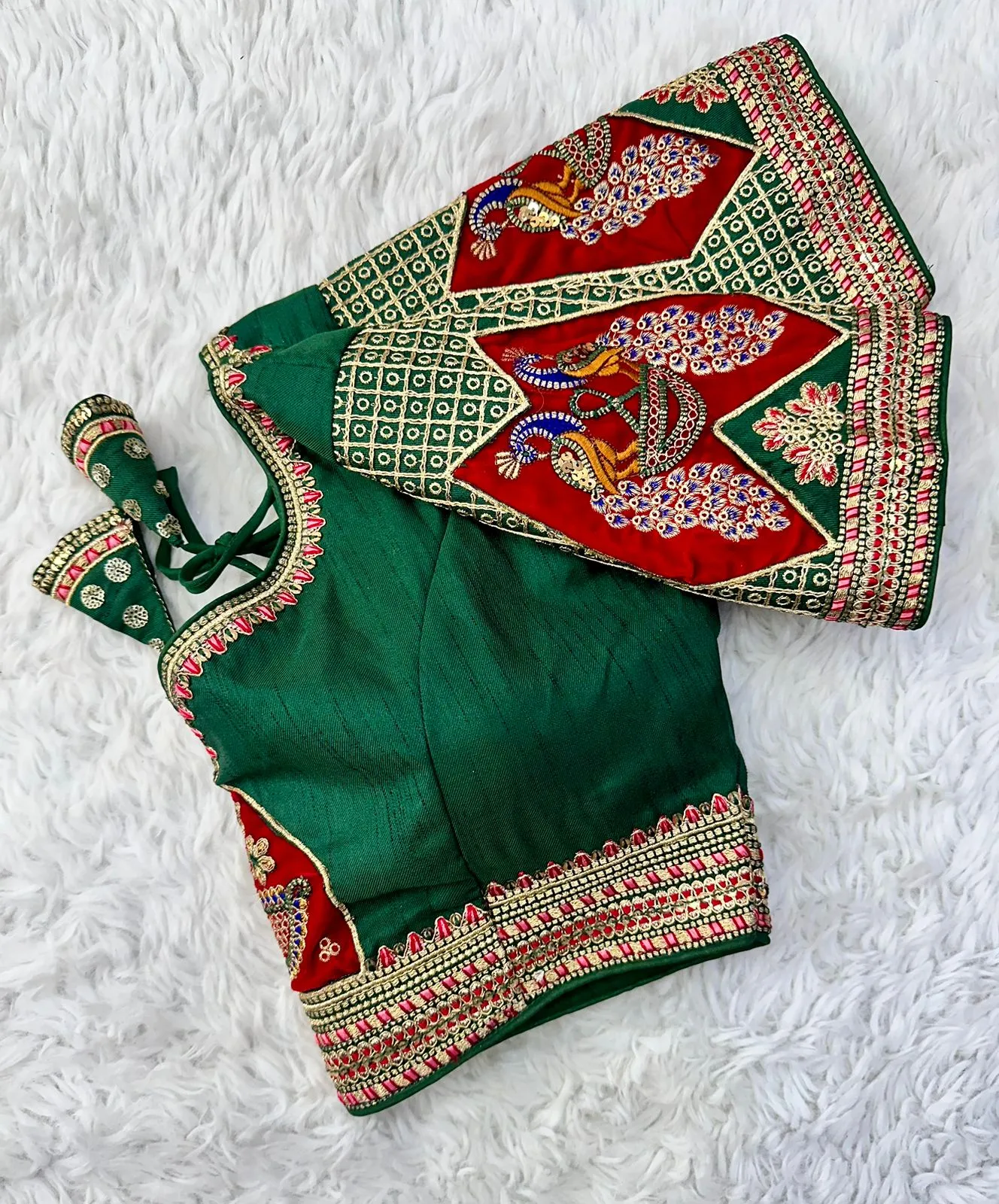 Green Handcrafted Sequined Blouse in Dilkush Silk