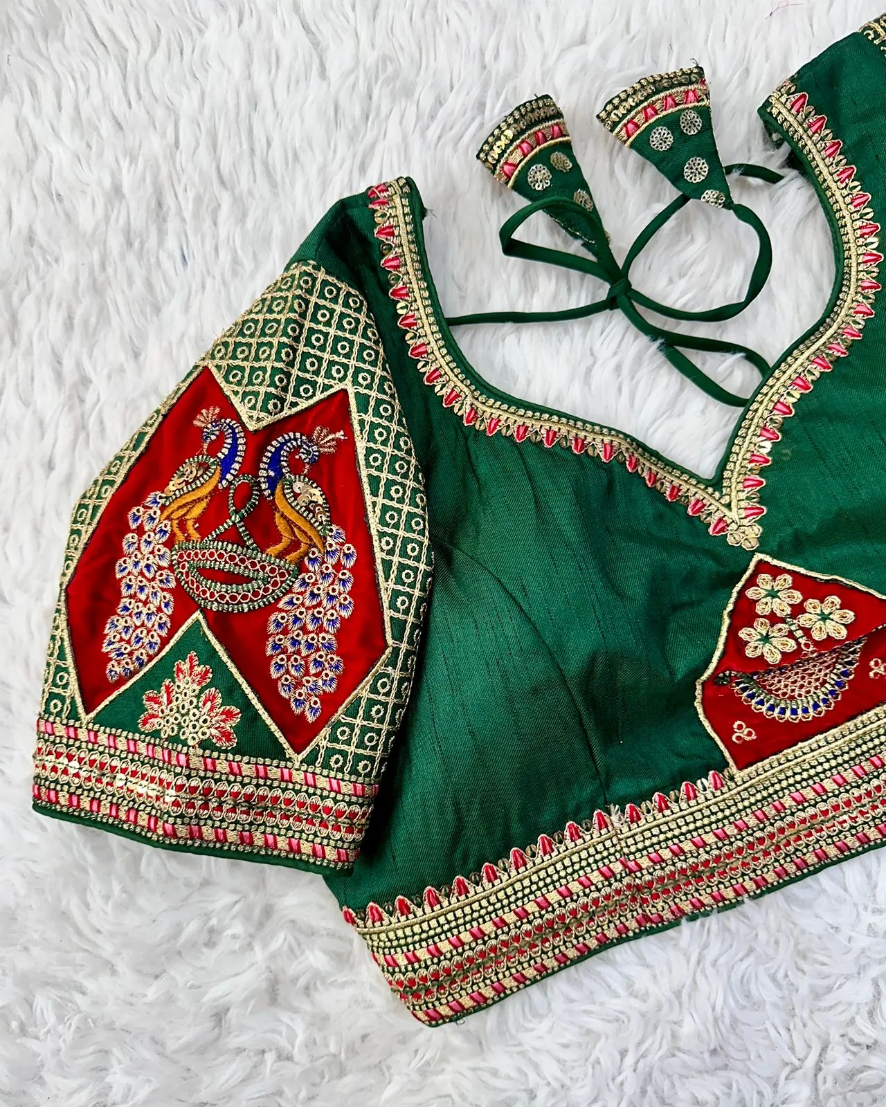 Green Handcrafted Sequined Blouse in Dilkush Silk