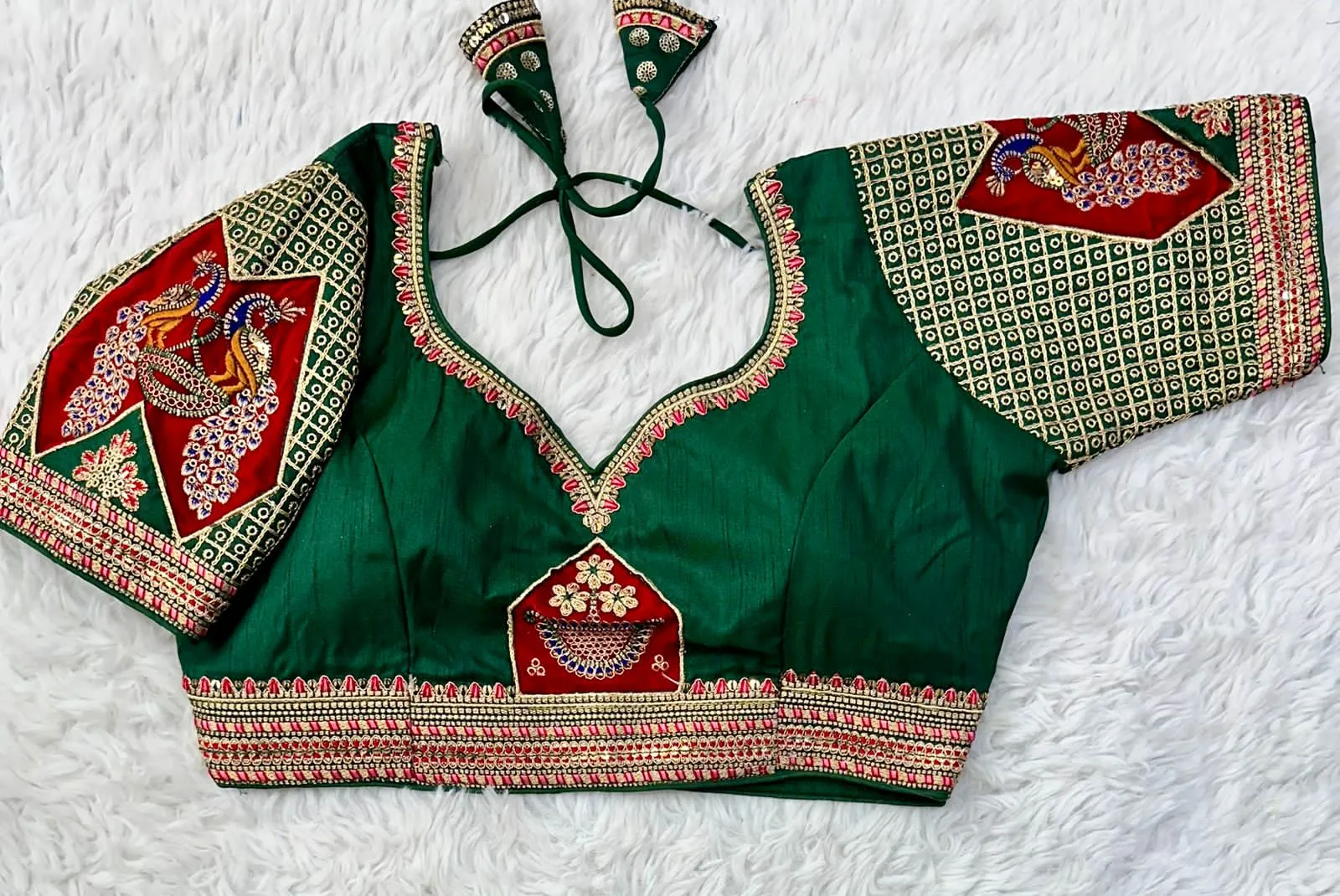 Green Handcrafted Sequined Blouse in Dilkush Silk