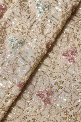 Heavy Gold Sequins With Beads Floral Embroidery On Dyeable Viscose Zari Tissue Fabric