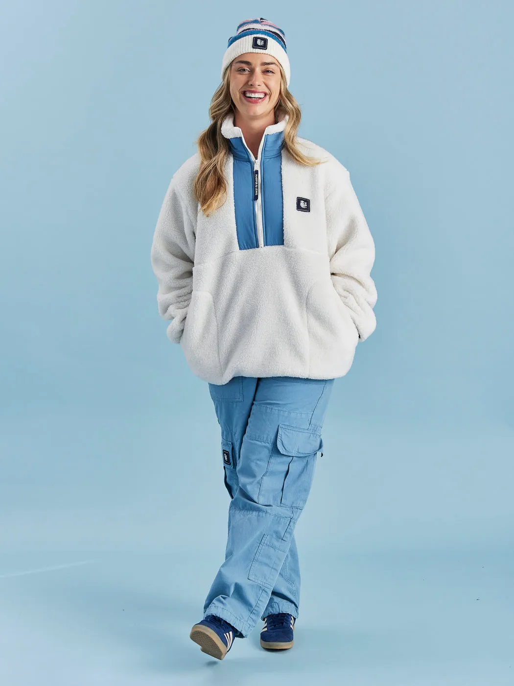 Iris 1/4 Zip Sherpa Fleece Cream & Steel Blue