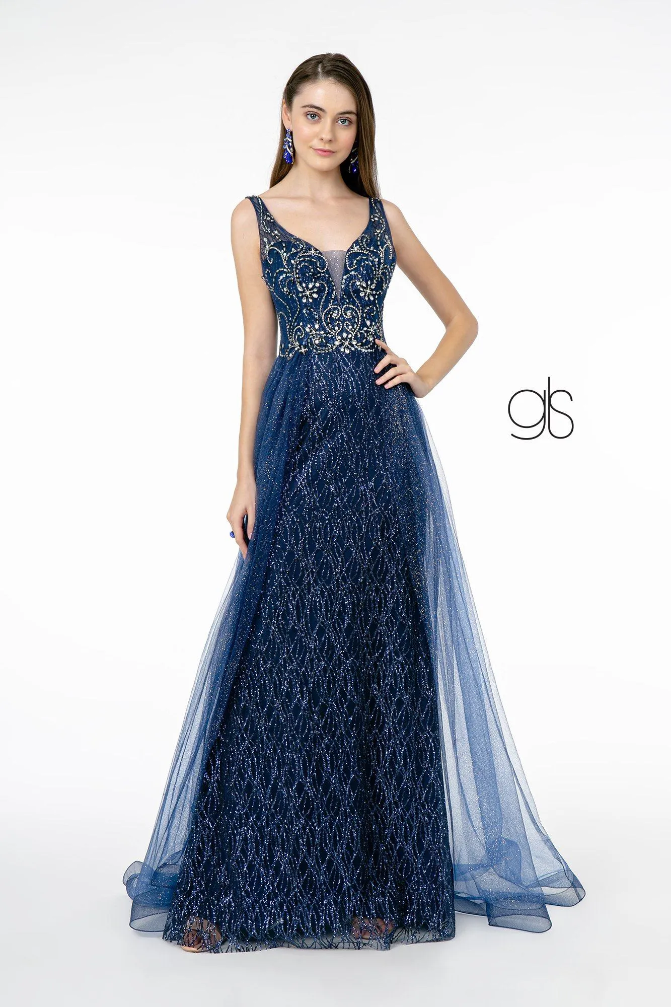 Jeweled V-Neck Gown with Glitter Overskirt by Elizabeth K GL1840