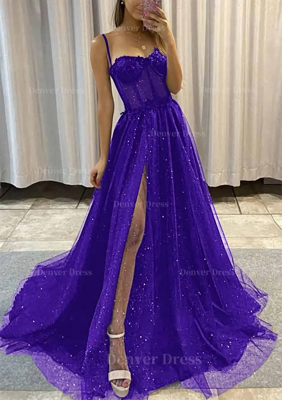 kamahe A-line Sweetheart Spaghetti Straps Sweep Train Tulle Glitter Prom Dress With Appliqued