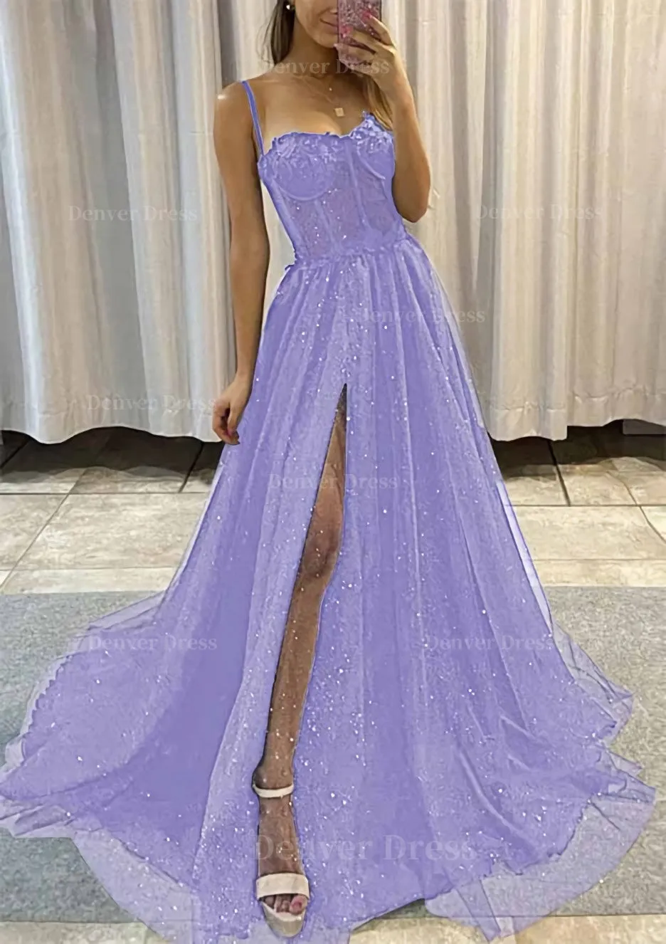 kamahe A-line Sweetheart Spaghetti Straps Sweep Train Tulle Glitter Prom Dress With Appliqued