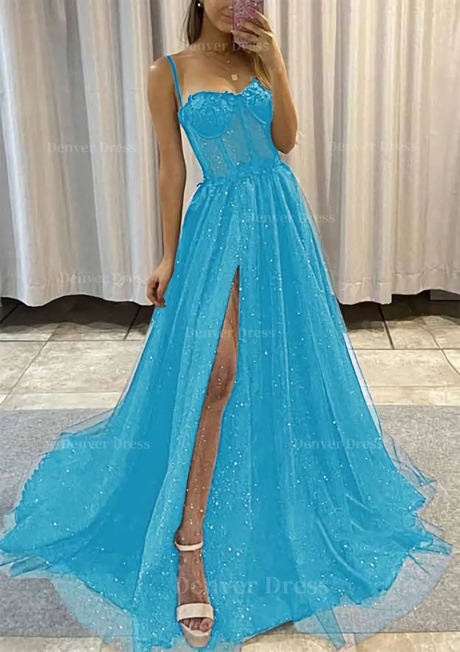 kamahe A-line Sweetheart Spaghetti Straps Sweep Train Tulle Glitter Prom Dress With Appliqued